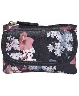 Lorenz Floral Print Soft PU Top Zip Coin Purse with Front Flap Pocket